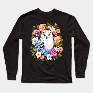 Cute Snowy Owl Surrounded by Bold Vibrant Spring Flowers Long Sleeve T-Shirt